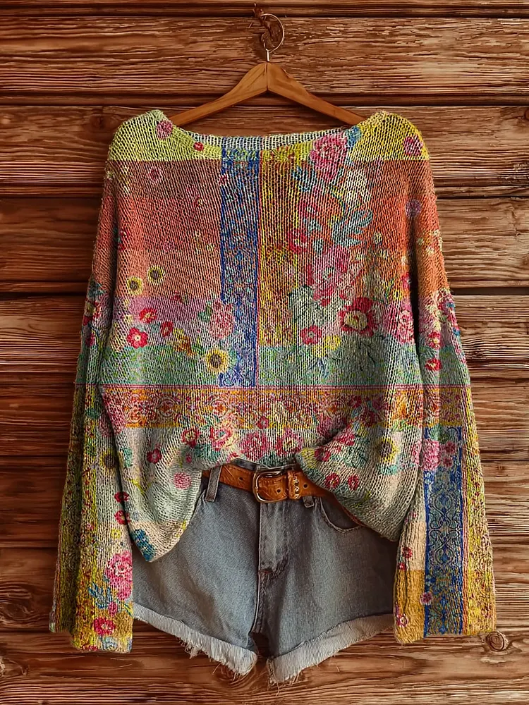 Women's Vintage Ethnic Floral Tattoo Pattern Art Print Casual Pullover Sweater