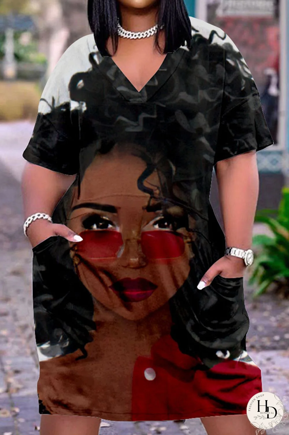 Multicolor Casual Street Print Patchwork V Neck Straight Dresses