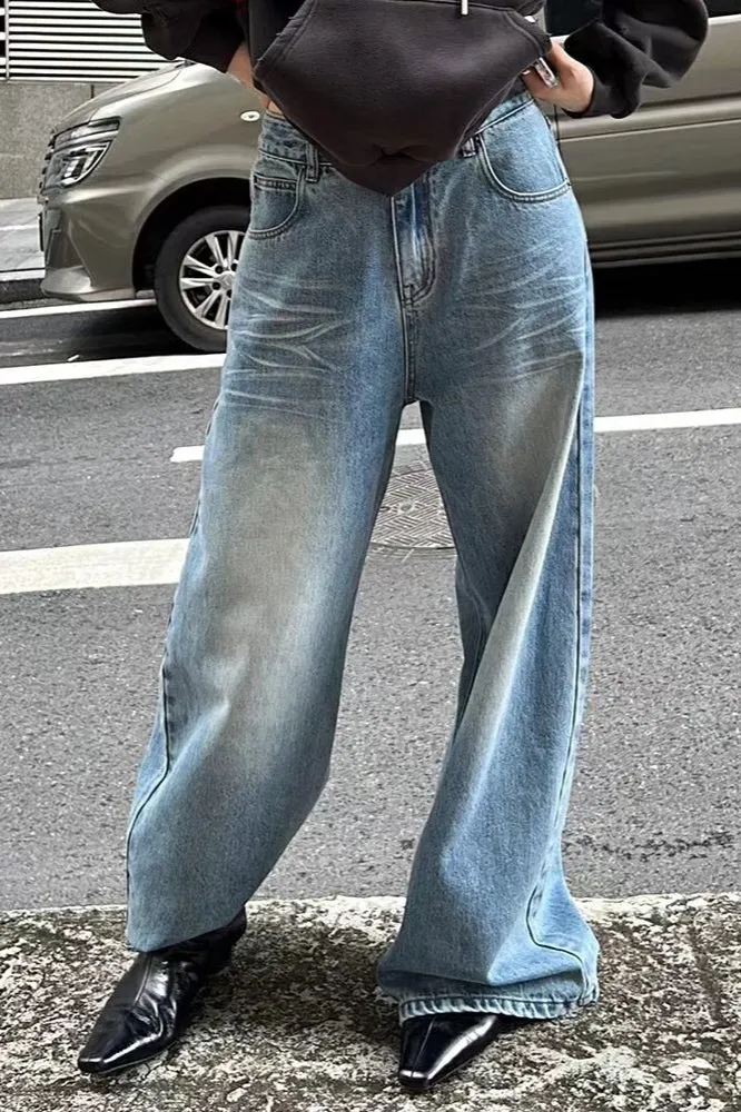 Vintage Washed Whisker Wide Leg Denim Jeans
