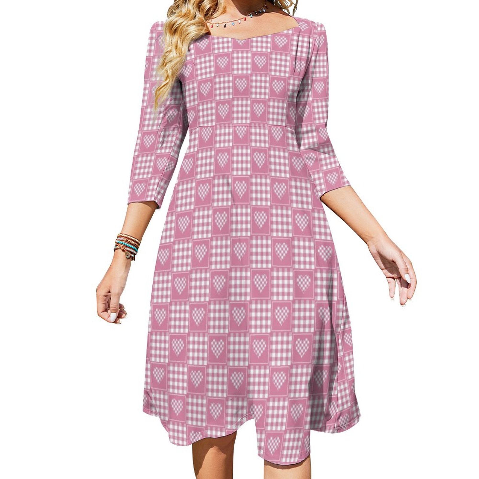 Pink And White Buffalo Plaid Patchwork Hearts Dress Sweetheart Tie Back Flared 3/4 Sleeve Midi Dresses