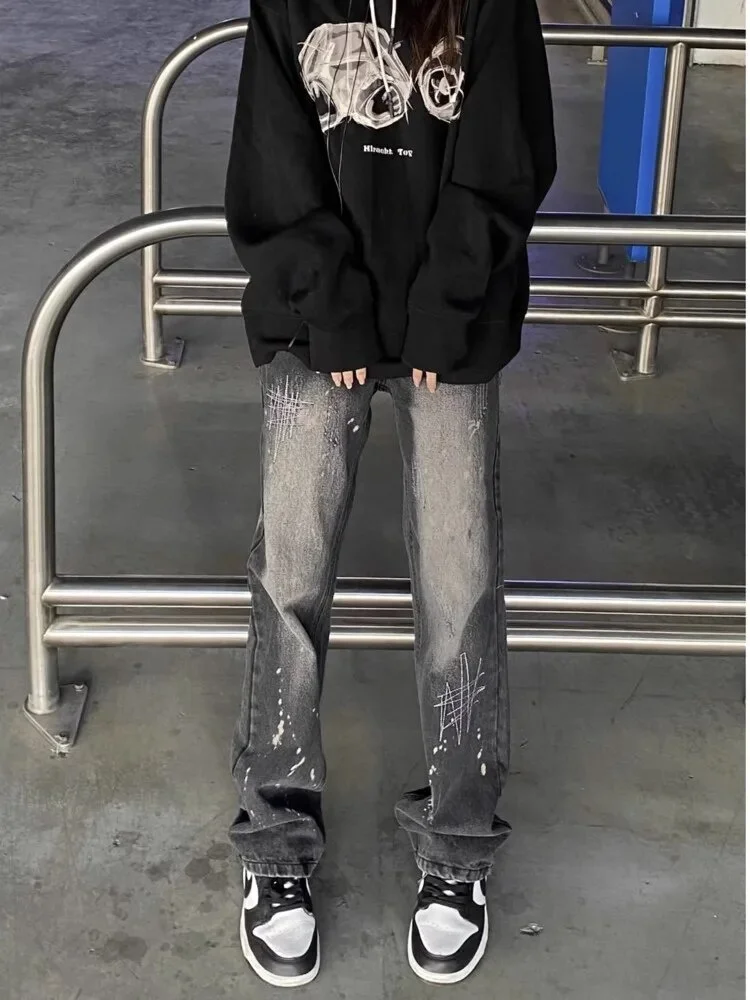 Dabasmedia Vintage Black Women's Jeans Vintage Print Speckled Ink Wide Leg Wide Versatile Loose Straight Tube Floor Sweeping Pants