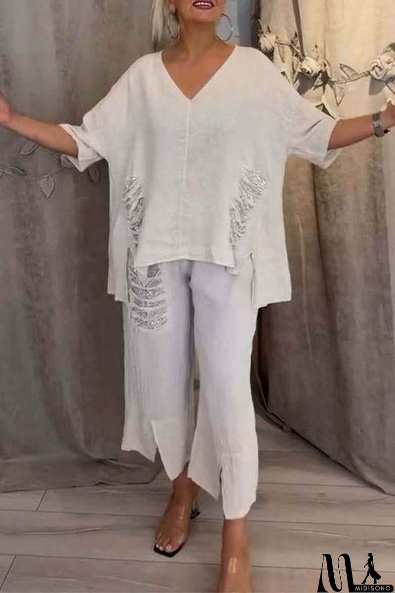 MidiSono - Casual Daily Ripped Sequins Irregular V Neck Half Sleeve Two Pieces(8 Colors)