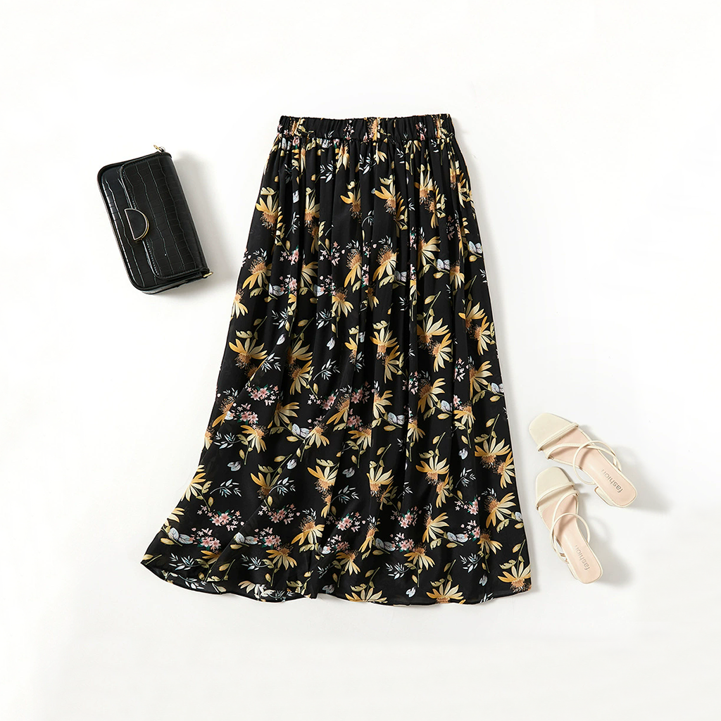 Delicate Silk Skirt with Floral Prints for Resort Hotel Leisure REAL SILK LIFE
