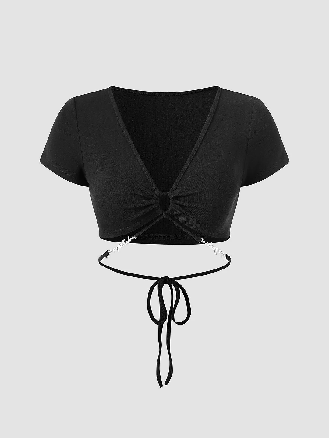 Solid Hollow Tie Short Sleeve V-neck Crop Top