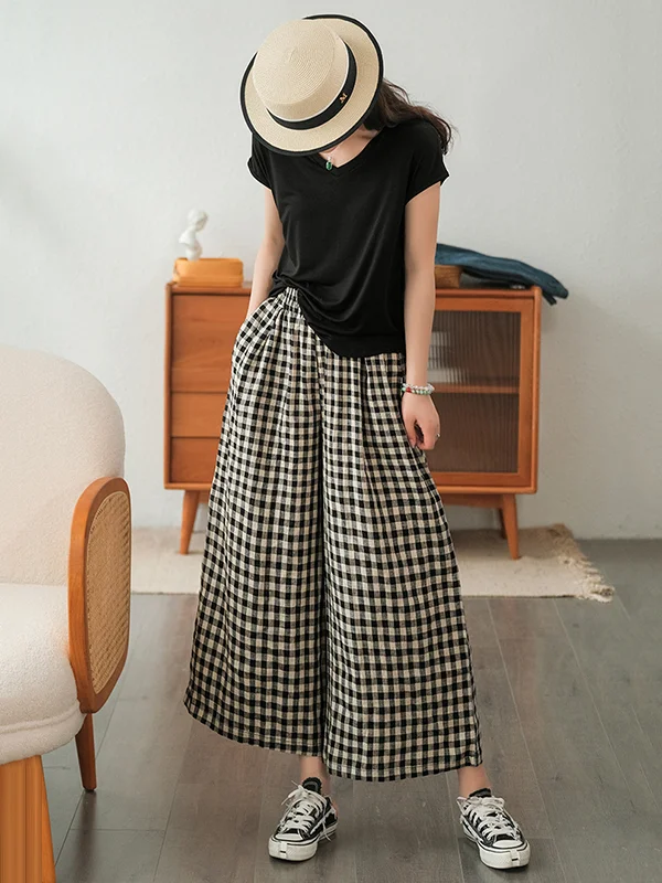 Artistic Retro Linen Loose Wide Legs Plaid Drawstring Pants