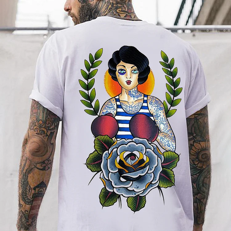 Retro Boxing Woman Plant Floral Pattern T-shirt