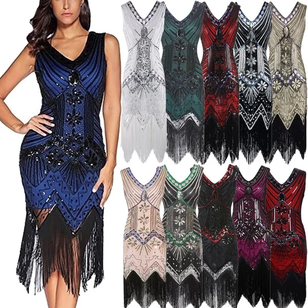 Vintage Dress Great Gatsby Dress 1920S Sequin Flapper Evening Dress Prom Tassel Hem Dress