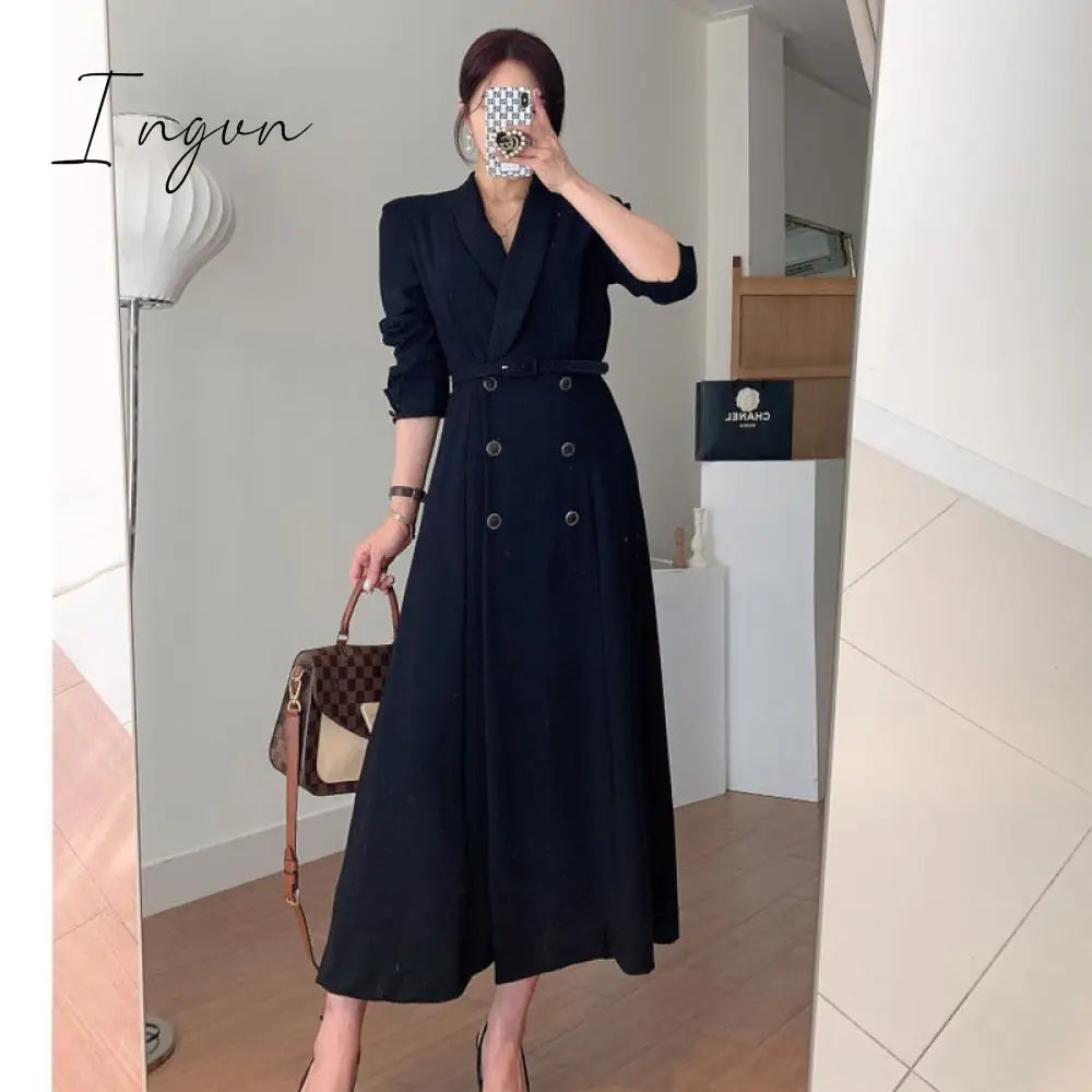 Ingvn - New French Spring Elegant Double Breasted Belted Sashes Women Suit Dress Autumn Office Long