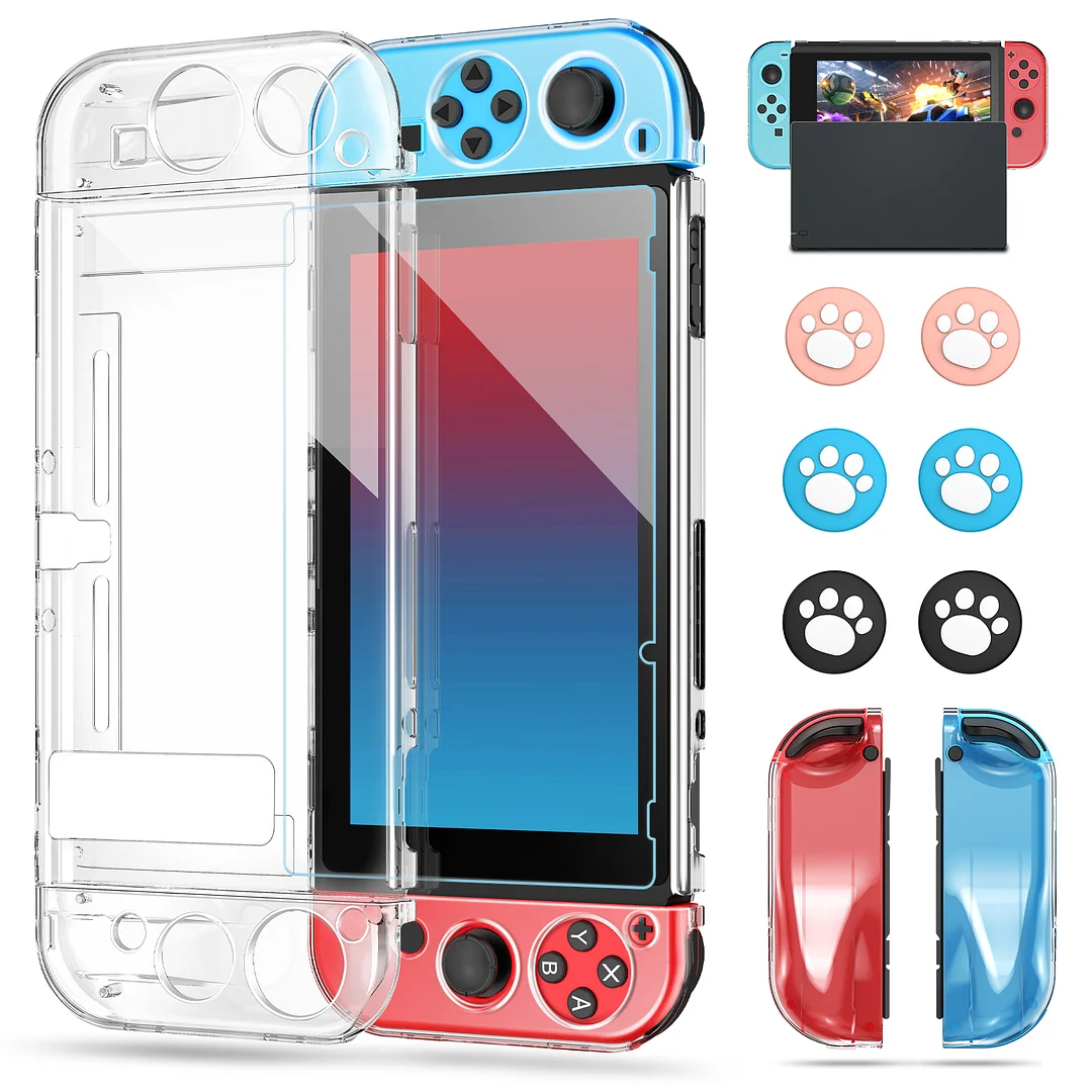 DinoFire Switch Protective Case & Tempered Glass Screen Protectors for Nintendo Switch , Crystal Clear Case for Switch
