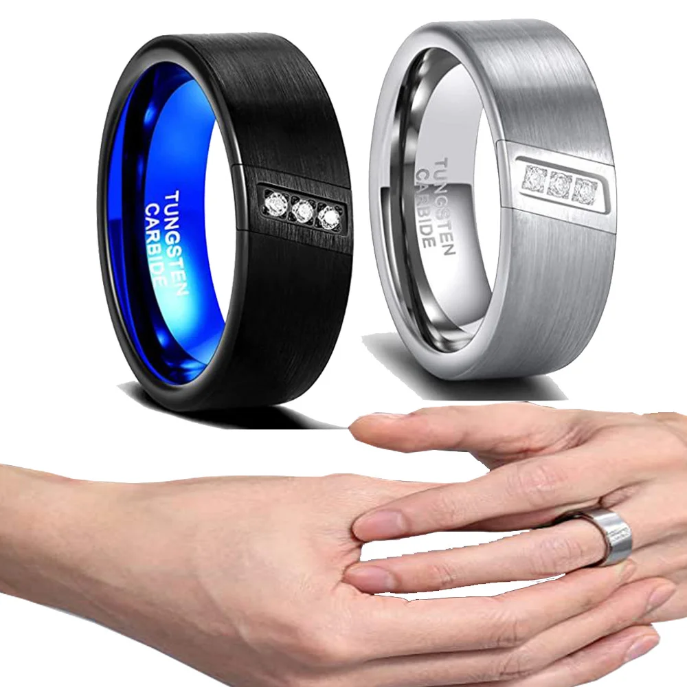 8MM Silver/Blue Flat Tungsten Carbide Wedding Bands with CZ Stone Inlay for Men Women Channel