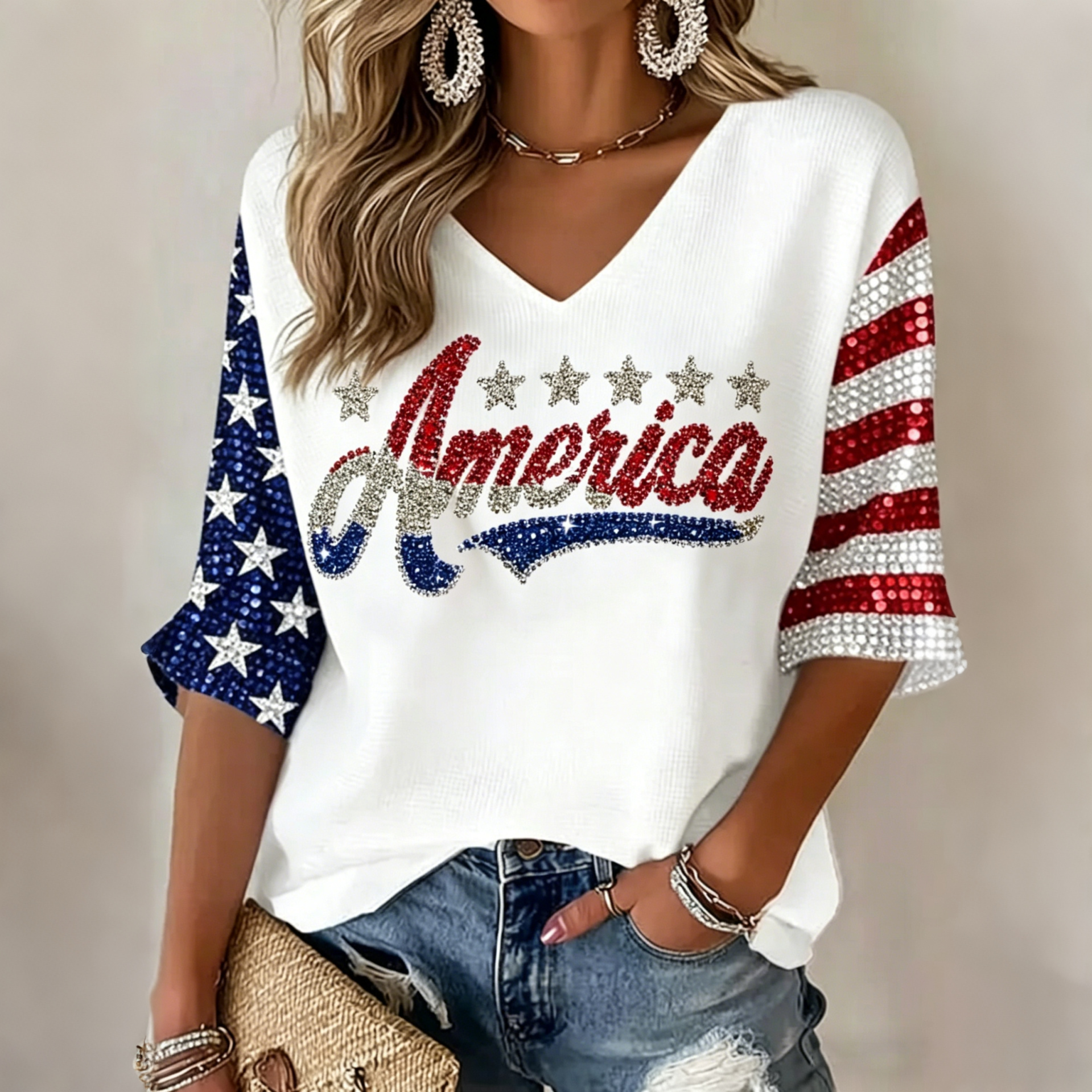  Women's Flag Art Three-quarter Sleeve V Neck Linen Tops Westsshops