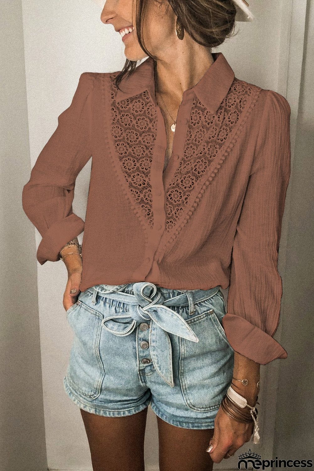 Floral Lace Hollow-out Splicing Crinkled Shirt