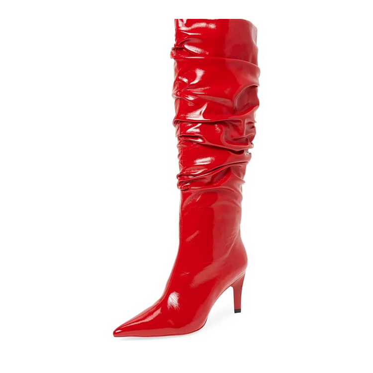 Red Patent Leather Slouch Boots Stiletto Heel Knee High Boots |FSJ Shoes