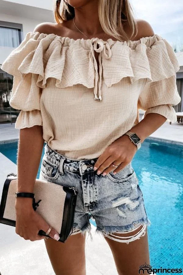 Off Shoulder Ruffle Solid Short Sleeve Shirt