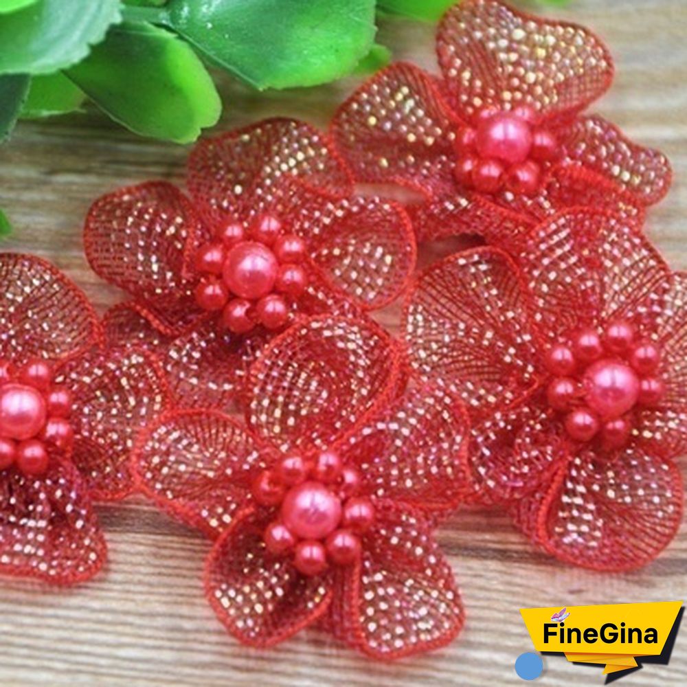 Hot 20Pcs Organza Ribbon Flowers Bows With Beads Appliques Wedding Craft DIY Christmas/Wedding Decoration
