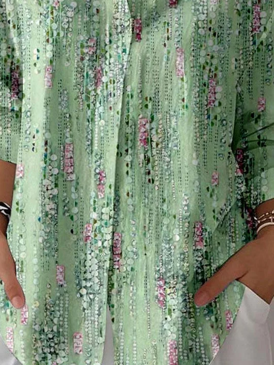 Women 3/4 Sleeve Shirt Collar Polka Dot Printed Graphic Button Tops