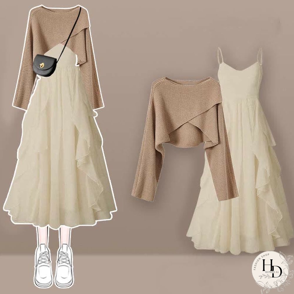 Cross Knit Sweater Flouncing Slip Dress Two Pieces