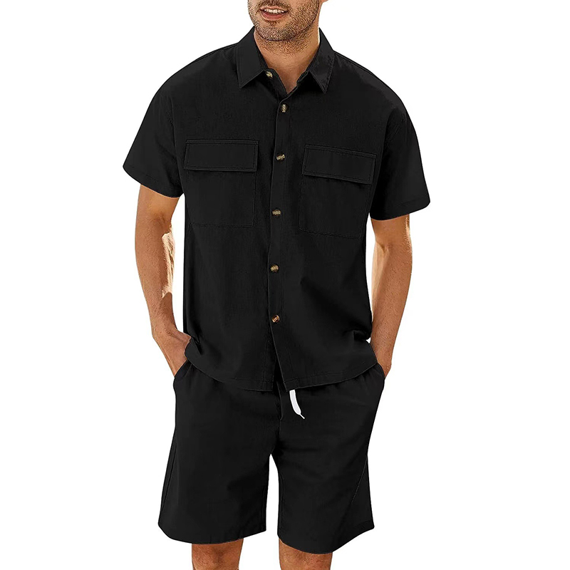 Mature Men Summer Short Sleeve Lapel Pockets Shirt And Drawstring Shorts Suits