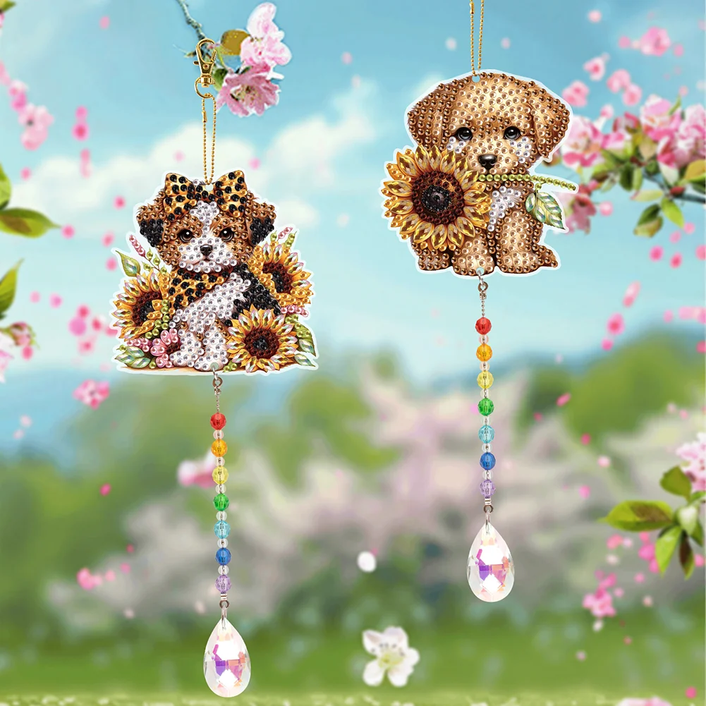 2Pcs 5D DIY Diamond Painting Sun Catcher Crystal Painting Ornaments (Puppy)