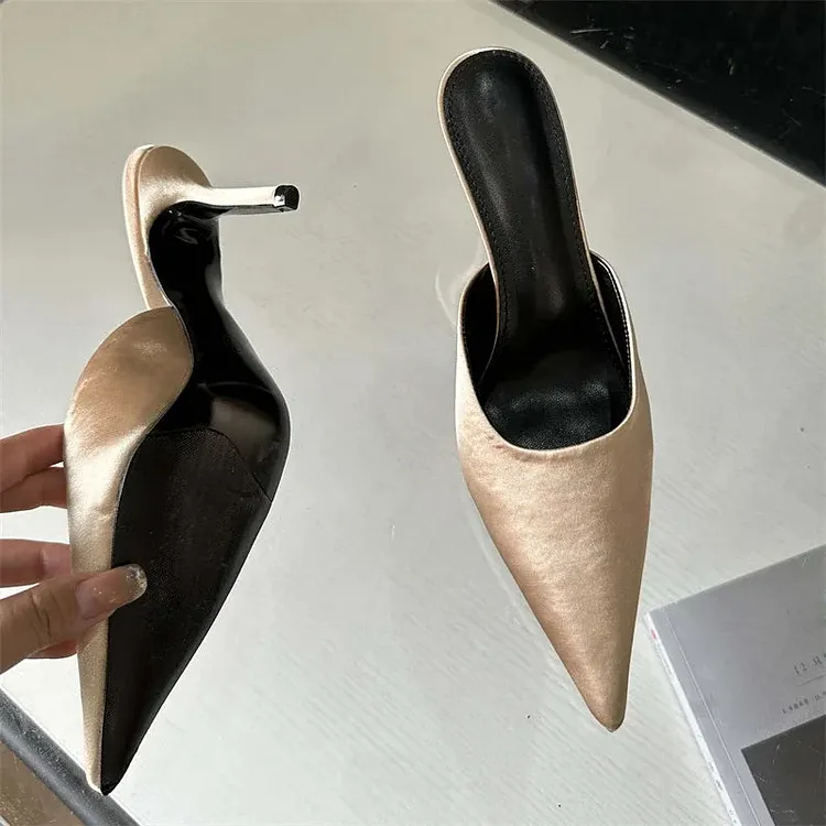 Spring Satins Pointed Toe Slippers Woman Thin Heels