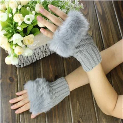 CUHAKCI Half Finger Woolen Winter Gloves Women Knitted Warm Mittens Long Imitation Rabbit Hair Lovely Fur Patchwork