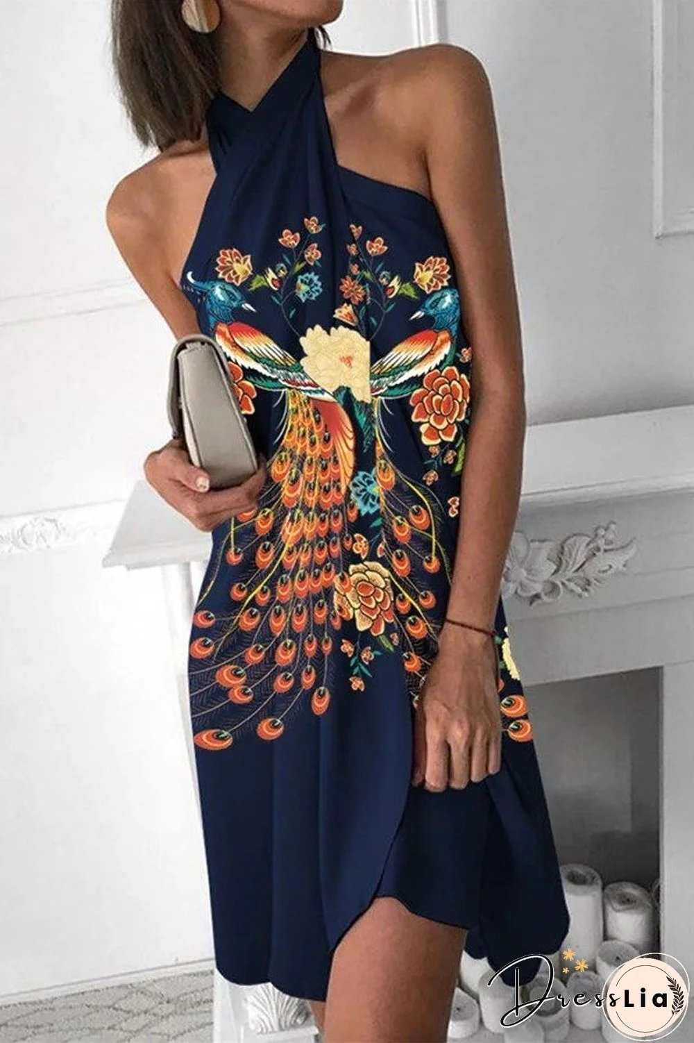 Printed Lace-Up Halter Neck Dress