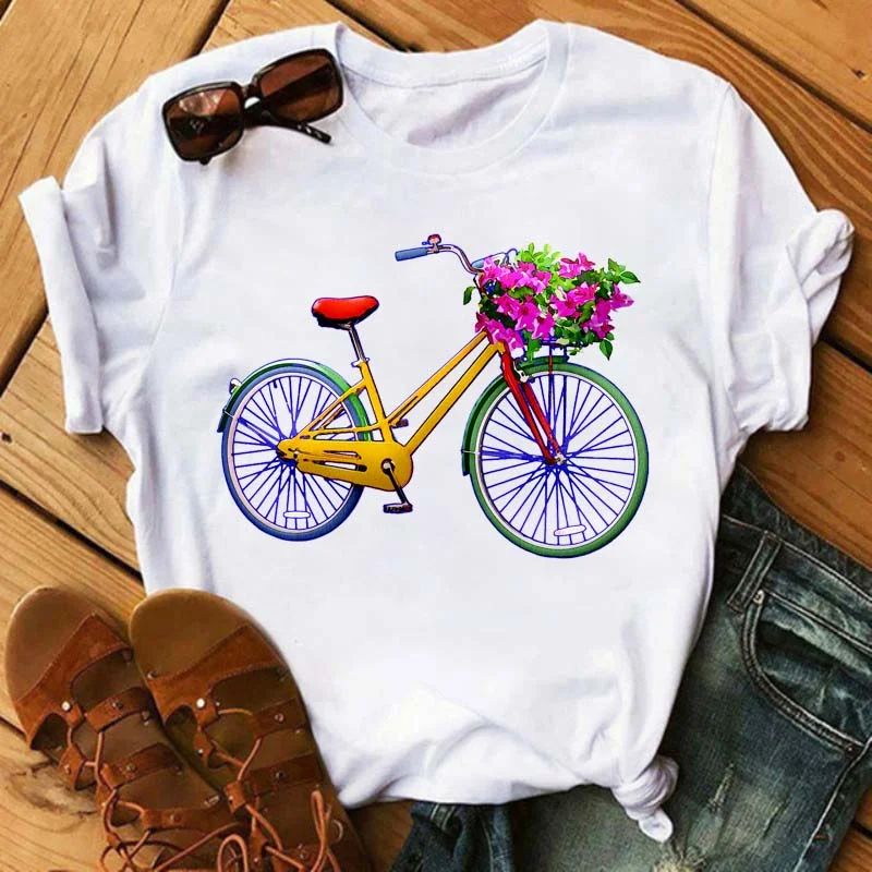 Bicycle with Sunflower Women Tshirt Summer Harajuku Short Sleeve White T Shirts Cartoon Casual Woman Tops Tees
