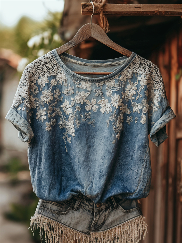 Vintage Floral Art Washed Comfy T Shirt wearshes