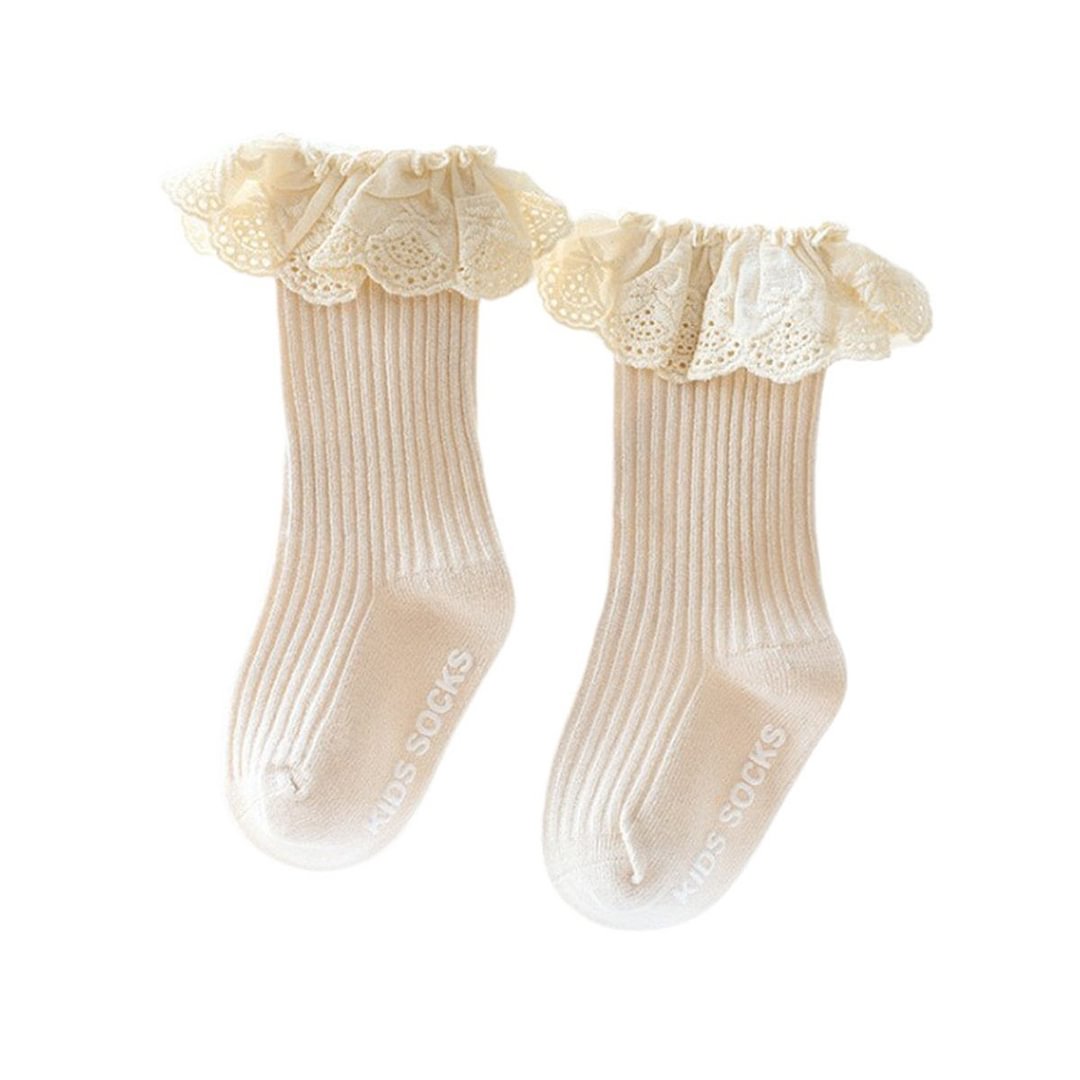 Infant Baby Girl Lace Princess Socks Ribbed Knit Solid Color Anti-slip Medium Tube Socks Kid Turn Cuff Ruffle Floor Hosiery 0-3Y
