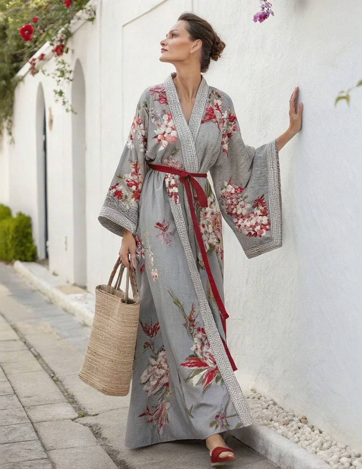 Artistic floral resort pattern kimono robe (with belt)