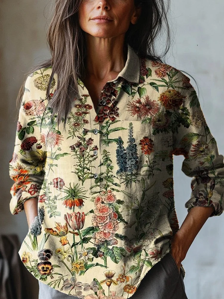 Women's Vintage Lovely Floral Art Print Casual Cotton And Linen Shirt
