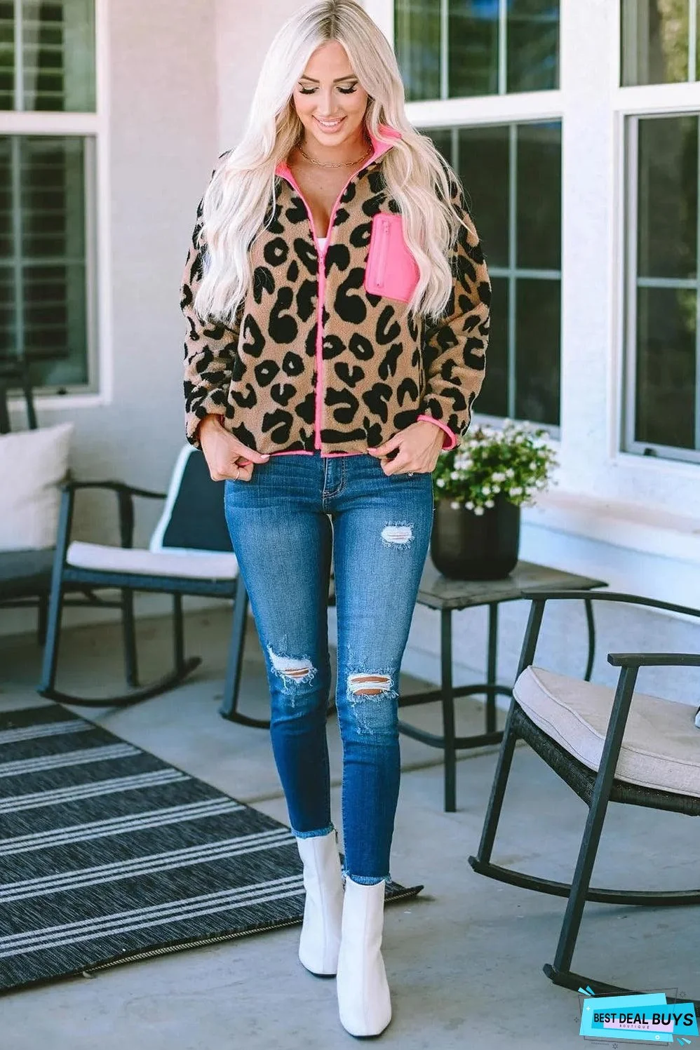 Leopard Colorblock Pocket Zipper Fuzzy Fleece Jacket