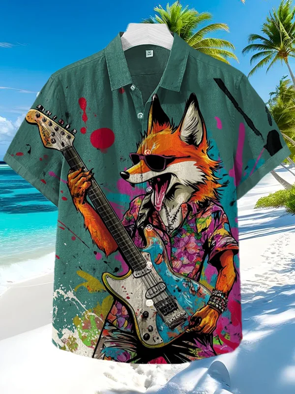 Men's Rock Fox Playing Guitar Splash Ink Art Print Shirt