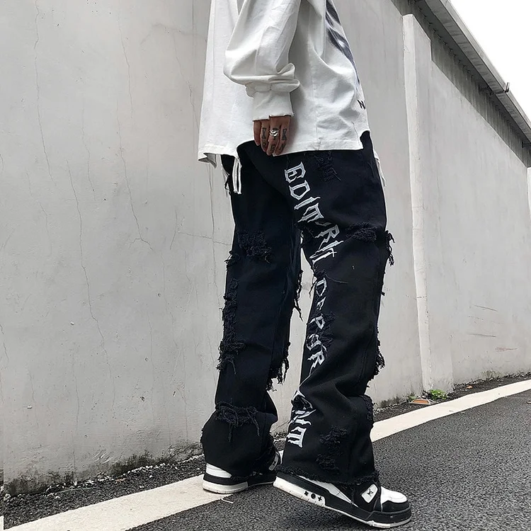 Streetwear Embroidery Letters Men's Black Ripped Jeans Baggy Pants at Hiphopee