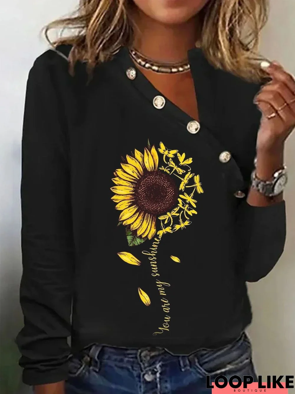 Casual Buckle Asymmetrical Collar Sunflower Printed T-Shirt