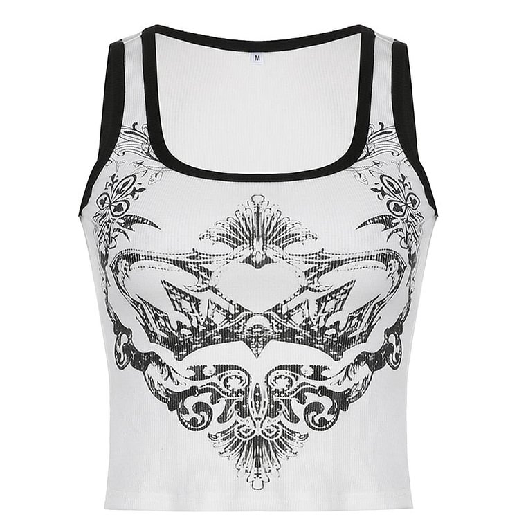 Rapcopter y2k Printed Tank Tops Cute White Knitted Crop Top Women Patched O Neck Sleeveless Basic Harajuku Summer Sweats Retro