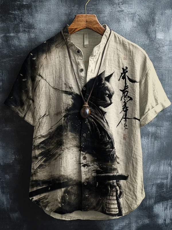 Men's Cat Samurai Ink Wash Art Print Short Sleeve Shirt