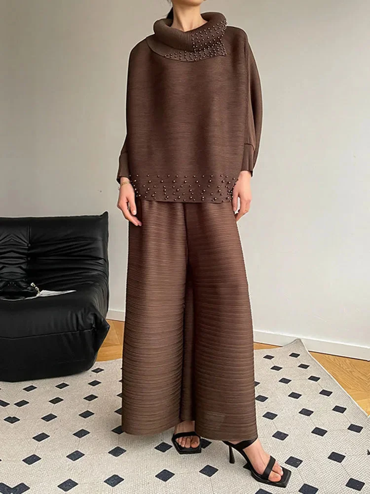 Vintage Brown Turtleneck Beaded Pleated Batwing Sleeve Top And Harem Pants Set