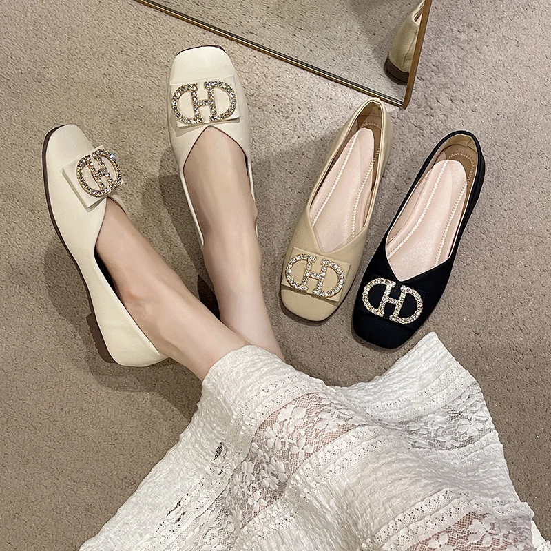 Yyvonne Head Shallow Single Shoes Women's Fashion New Korean Version Of The Female Soft-Soled Shoes Flats Leisure With Diamond Bean Women's Shoes