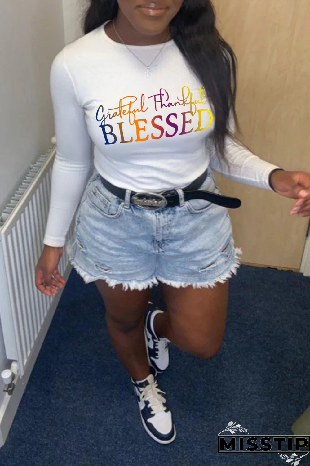 Grey Casual Print Patchwork Letter O Neck Tops