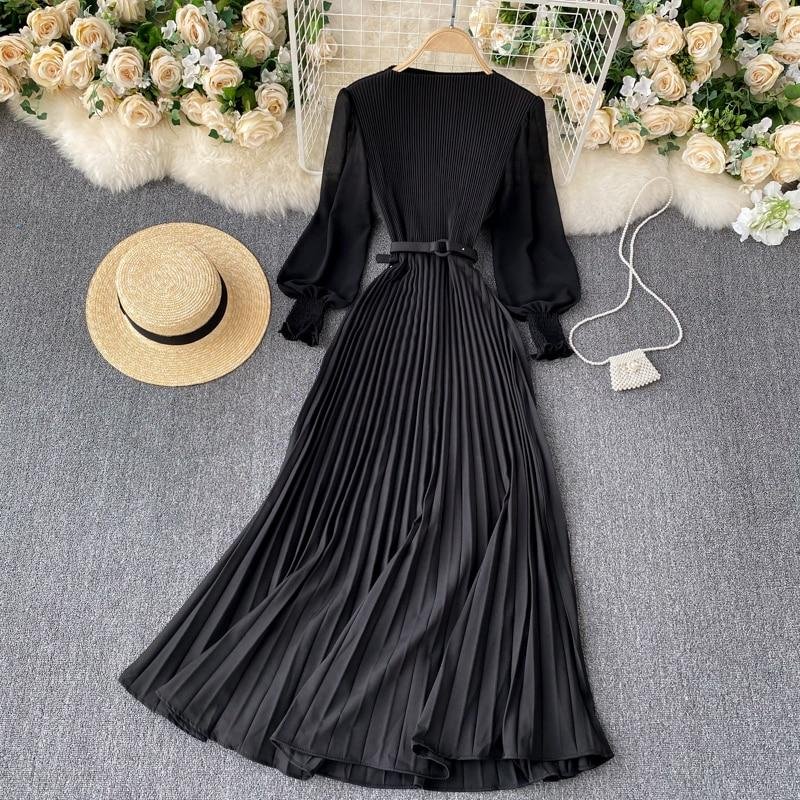 Woman Dress Elegant Office Lady Pleated Dress With Belt Round Neck Long Sleeve Long Dresses For Women Spring Autumn Clothing 1020-2
