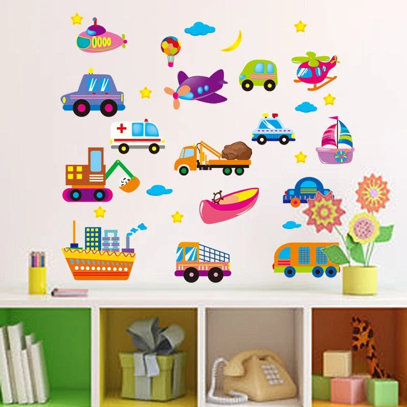 Cartoon Cars Airs Ships Wall Stickers Kids Study Sticker Children Rooms Decoration Transportation DIY Decals Lovely Room Posters