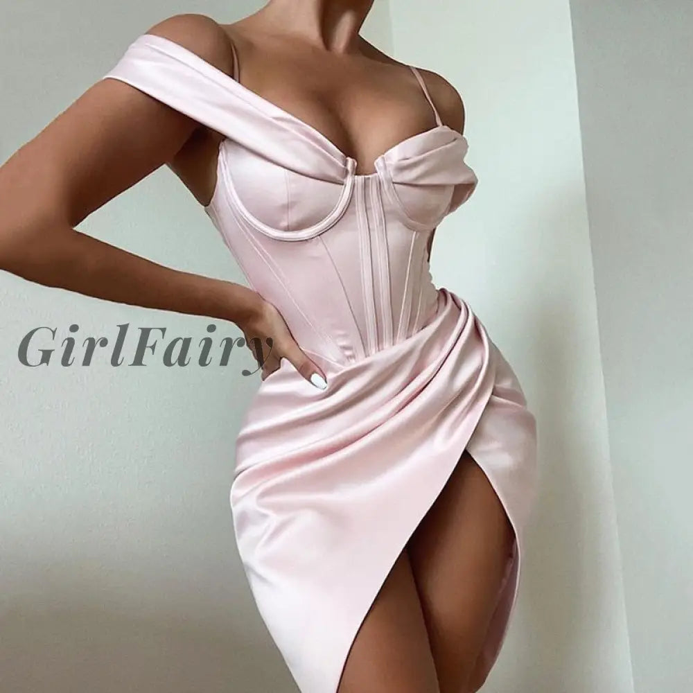 Girlfairy High Quality Satin Bodycon Dress Women New Bone V Neck Pink House Of Cb Sexy Celebrity