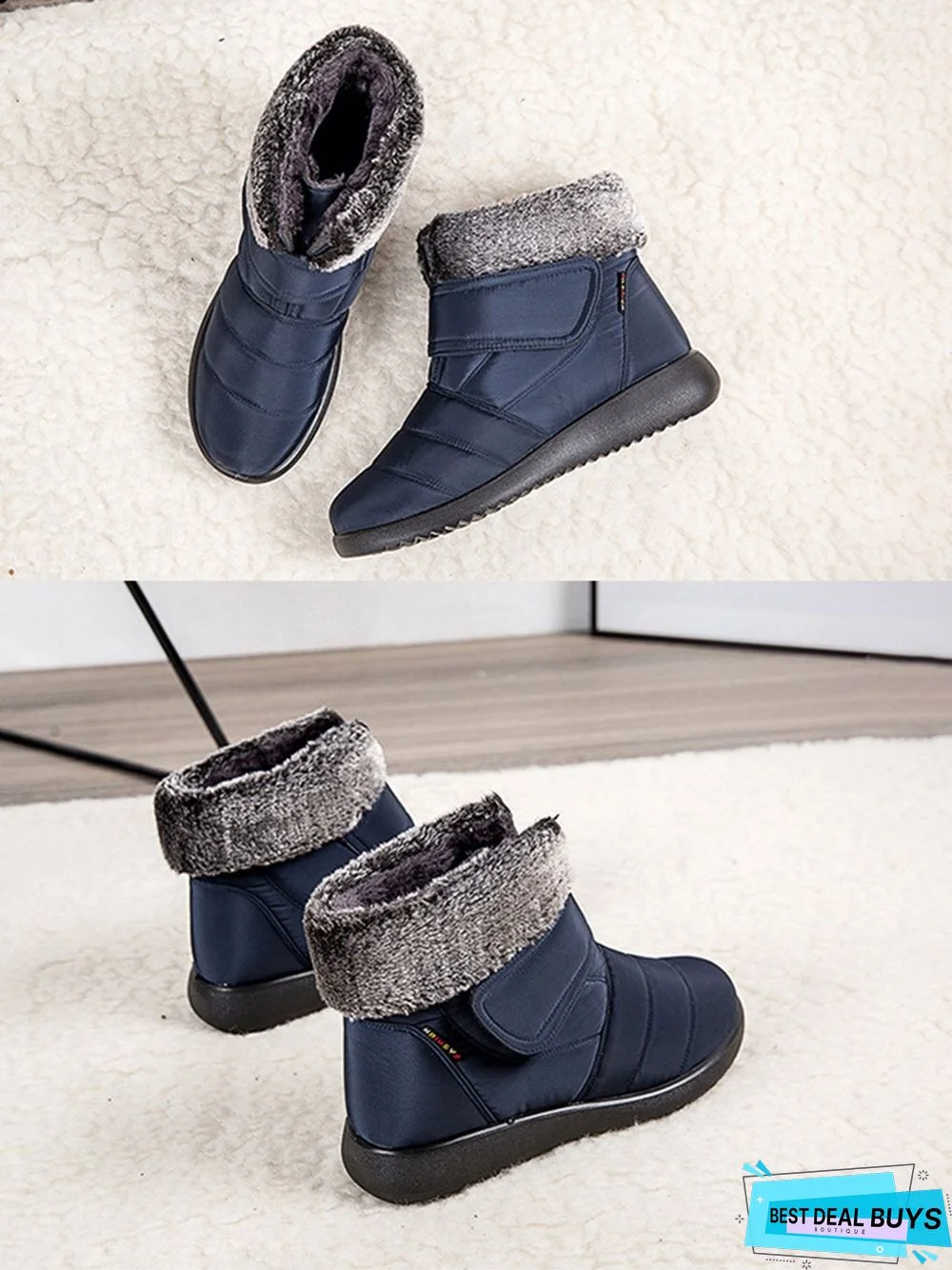 Faux Fur Cuff Snow Boots with Hook and Loop