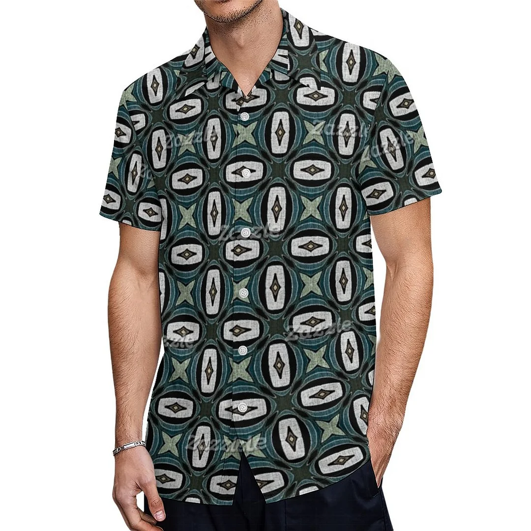 Dark Teal Blue Gray Green White Orient Art Hawaiian Shirt Mens Button Down Plus Size Tropical Hawaii Beach Shirts