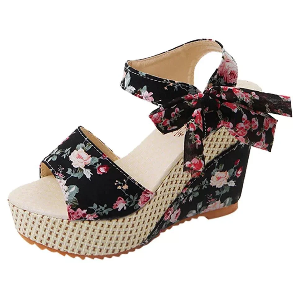 Qengg Lace Leisure Women Wedges Heeled Women Shoes 2022 Summer Sandals Party Platform High Heels Shoes Woman