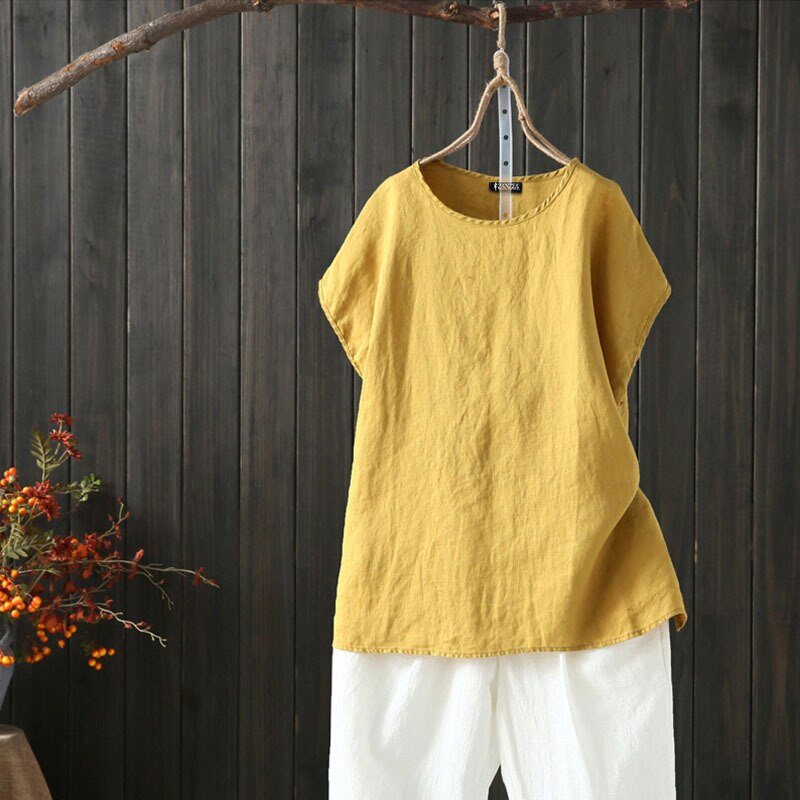 5XL large size linen blouse shirt fashion women tops and blouses summer elegant O-Neck short sleeve women's blouses