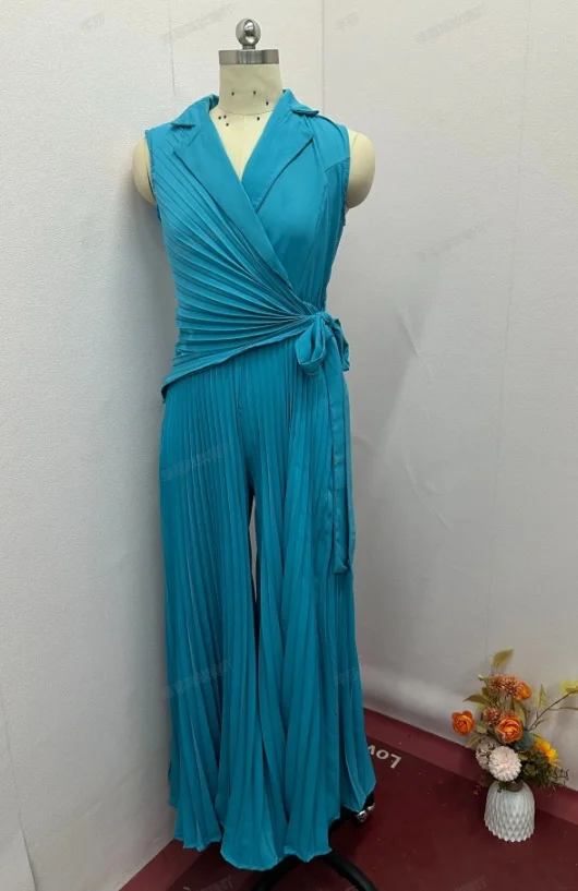 Ueong Ueong Summer New Fashion Lapel Multi-Pleated Solid Color Wide Leg One-Piece Trousers Women