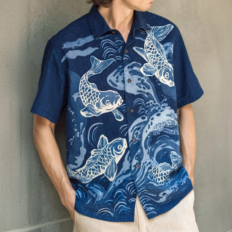 Men's Japanese-style Linen Short-sleeved Shirt With Wave And Koi Pattern  artssus