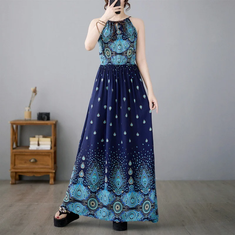 Brownm Brownm New Literary And Art-Print National Style Dress Sleeveless Sleeves Holiday Style Swinging Long Dress Hanging Neck Skirt